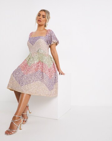 Maya Curve Square Neck Rainbow Sequin Embellished Mini Skater Dress