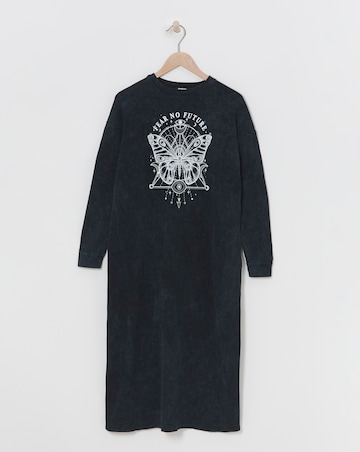 Acid Wash Long Sleeve Celestial Graphic T-Shirt Dress
