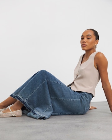 Mid Wash Fit and Flare Denim Maxi Skirt