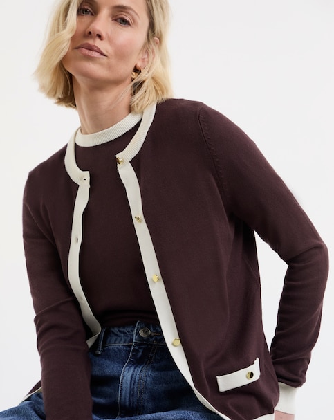 Fine Knit Chocolate Contrast Tipping Crew Neck Cardigan