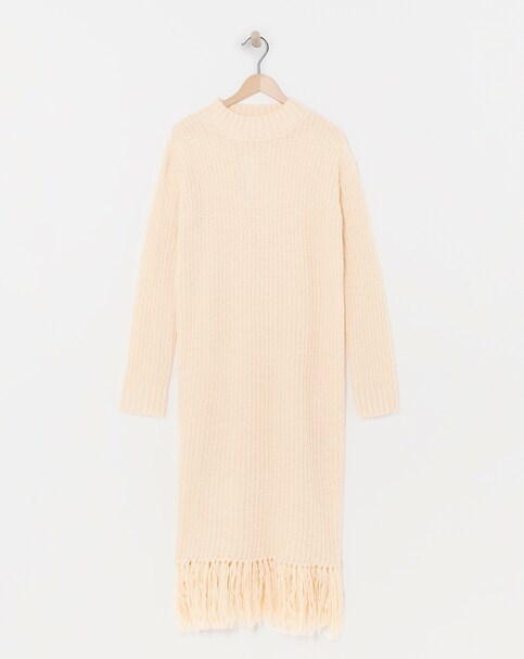 Cream Fringe Knitted Midi Dress