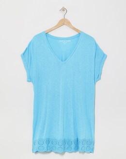 Broderie V Neck Short Sleeve Longline Top