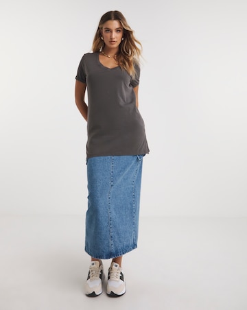 Acid Wash Longline Tunic Side Split V Neck T-Shirt