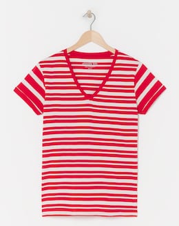 Red &amp; Ivory Stripe V Neck Tee