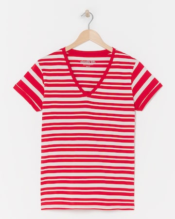Red & Ivory Stripe V Neck Tee