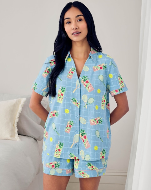 Chelsea Peers Organic Cotton Pyjama Shorts Set Tennis & Cocktails Print