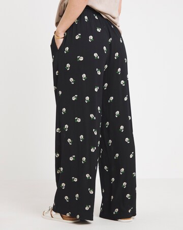 Black Daisy Print Crinkle Wide Leg Trousers