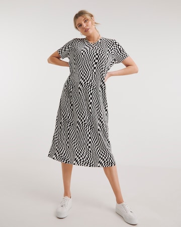 Checkerboard Print Plisse T-Shirt Midi Dress