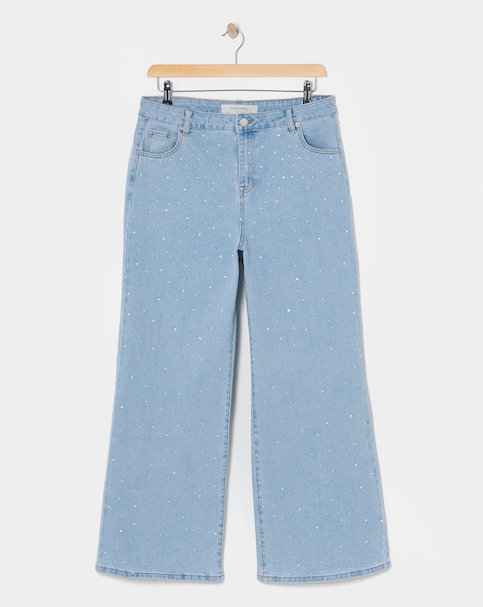 Mid Blue Embellished Wide Leg Jeans