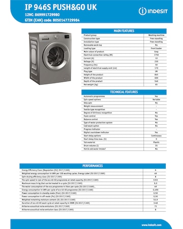 Indesit IP 946 Push & Go Washing Machine - Silver