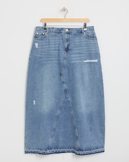 Light Wash Rip and Repair Denim Maxi Skirt