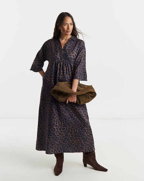 Collarless Placket 3/4 Sleeve Smock Dress