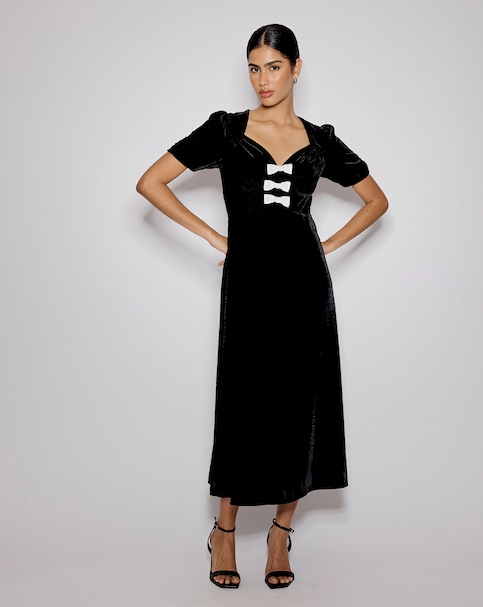 Nobody's Child Velvet Bow Puff Sleeve Midi Dress