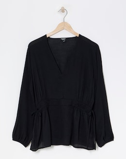 Black Plunge Elasticated Waist Long Sleeve Blouse