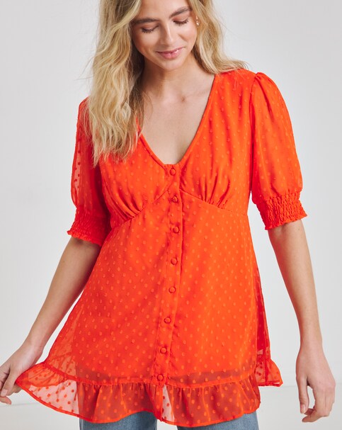Red Dobby Button Through Blouse