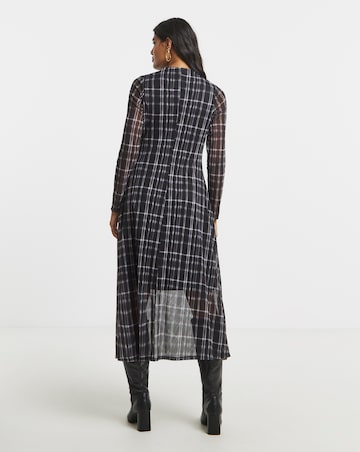 Mono Check Print Ruched Mesh Midi Dress