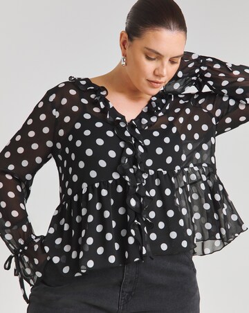 Spot Print Ruffle Front Blouse