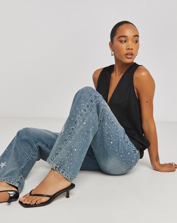 Simply Be X Twisted Wunder Mid Wash Star Embellished Wide Leg Jeans
