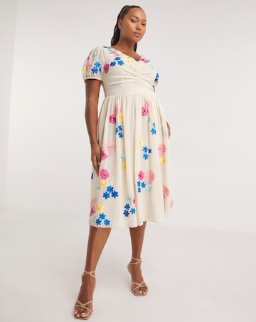 Maya Curve V Neck Floral Embroidered Midi Dress