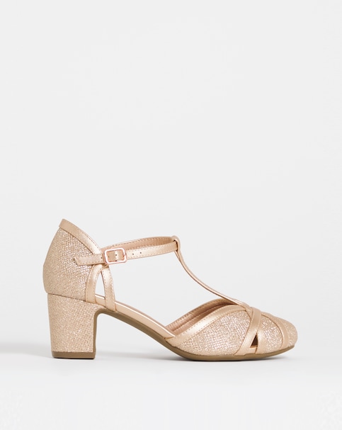 Dolores Low Block Heel T Bar Shoes - Wide Fit (E)