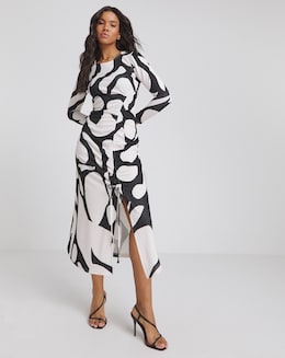 Mono Print Scuba Crepe Ruched Midi Dress