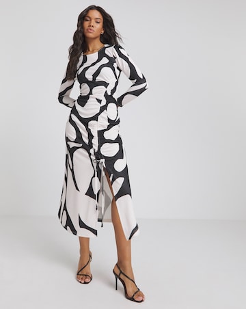 Mono Print Scuba Crepe Ruched Midi Dress