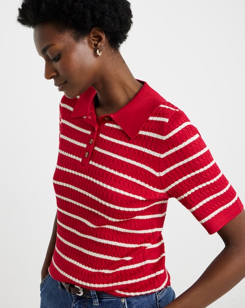 Fine Knit Red Stripe Contrast Short Sleeve Cable Jumper