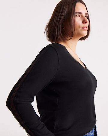 Simply Be Black Slash Neck Rib Top with Lace Sleeve Detail