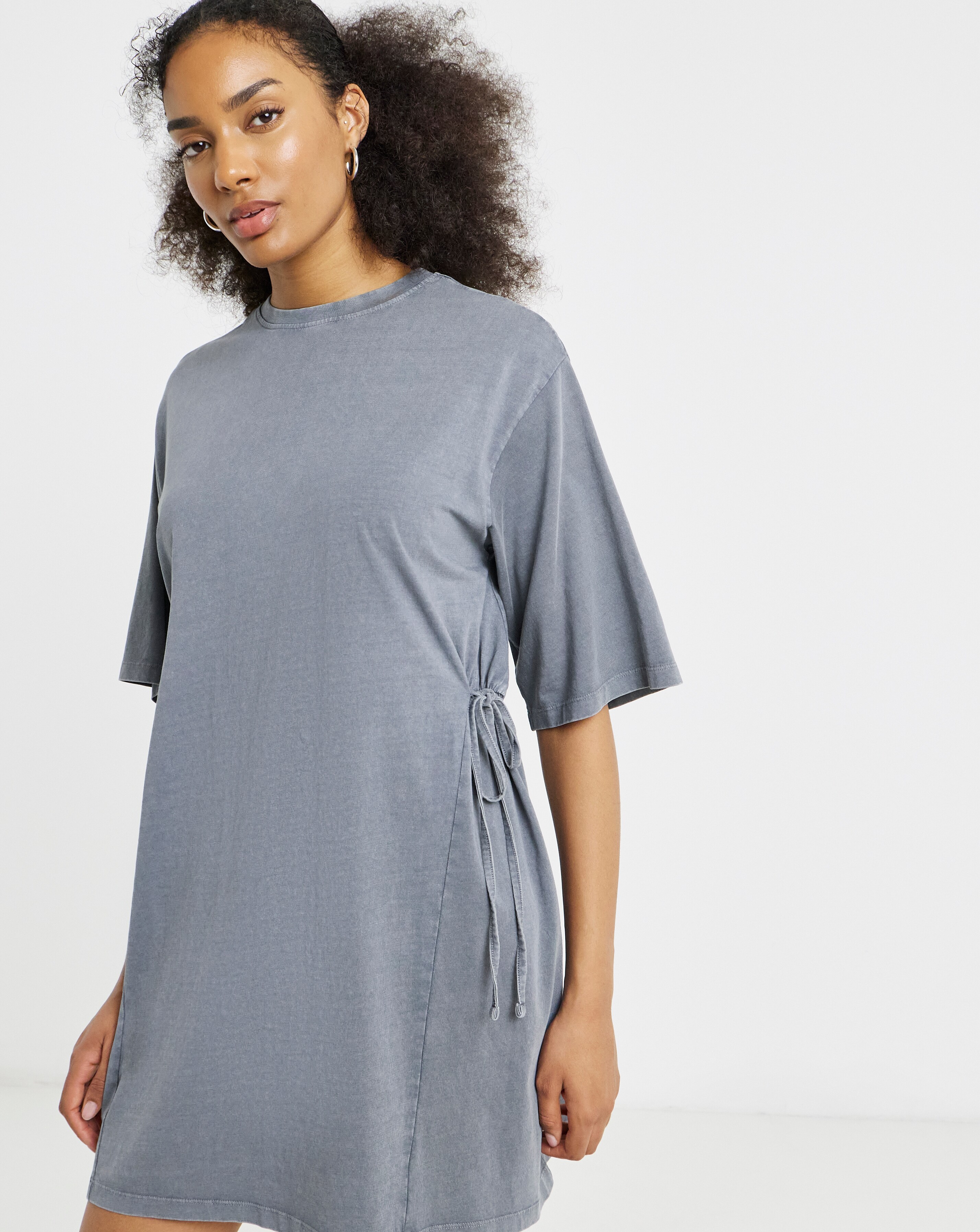 Grey Acid Wash Cinched T-Shirt Dress