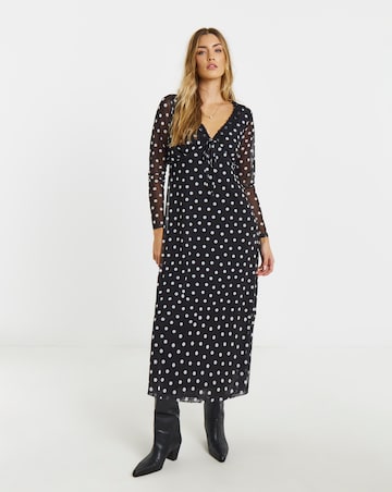 Mono Spot Print Mesh Lace Trim Midi Dress