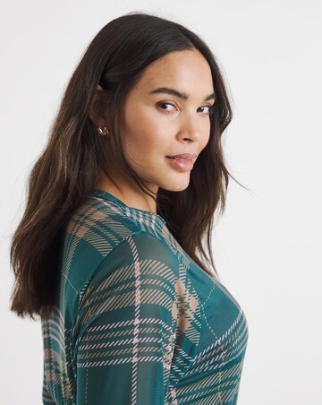 Green Check Print Long Sleeve Mesh Top
