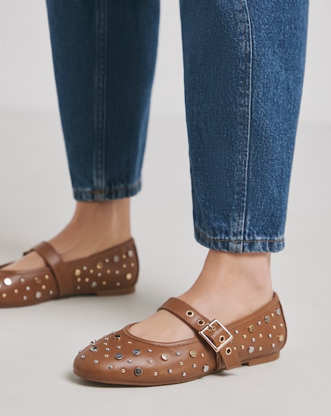 Detroit Embellished Studded Mary Jane Flat Shoes - Extra Wide Fit (EEE)