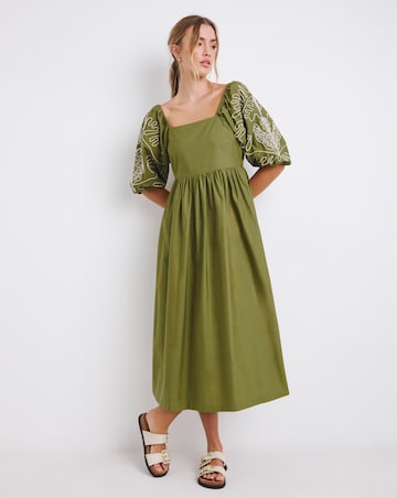 Khaki Embroidered Sleeve Cotton Poplin Midi Dress