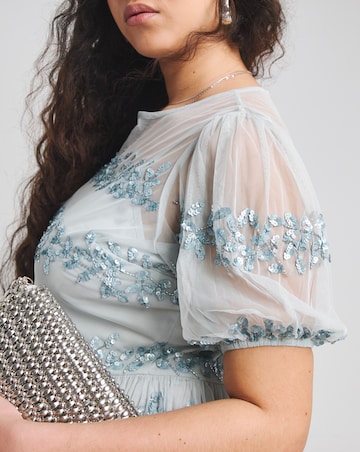 Maya Curve Puff Sleeve Stripe Sequin Embellished Tulle Midi Dress