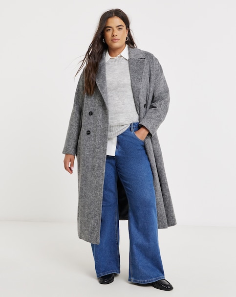 Grey Double Breasted Midaxi Brushed Faux Wool Coat