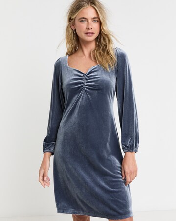 Blue Ruched Front Velour Tea Dress