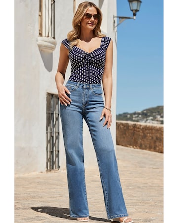 Sosandar Navy Blue & White Spot Print Tie Front Jersey Top