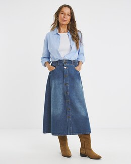 Mid Blue Elasticated Waist Button Through Denim Skirt