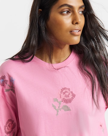 Pink Cross Stitch Embroidered T-Shirt