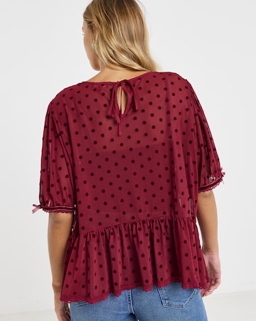 Burgundy Dobby Mesh Polka Dot Puff Sleeve Top