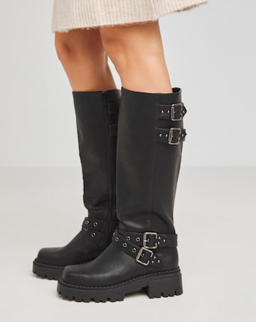 Hendrix Chunky Buckle Biker Boots Extra Wide EEE Fit Super Curvy Calf
