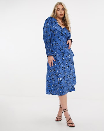 Cobalt Print Wrap Midi Dress with Shirred Cuff