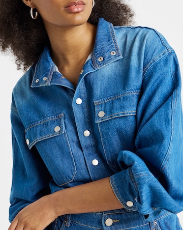 Mid Wash Authentic Look Drape Denim Jumpsuit