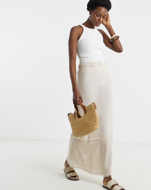 Stone Linen Mix Frayed Hem Skirt