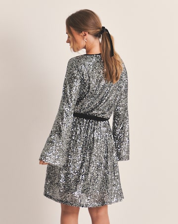 Silver Sequin Skater Dress With Satin Belt