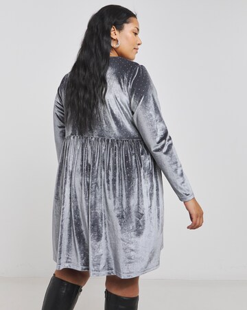 Silver Grey Velour Hotfix Smock Dress