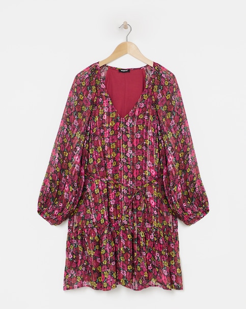 Floral Print Metallic Thread Detail Swing Dress