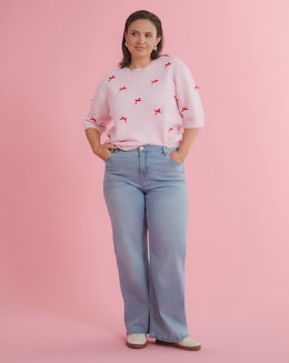 Simply Be Pink Embroidered Bow Knitted Half Sleeve Jumper