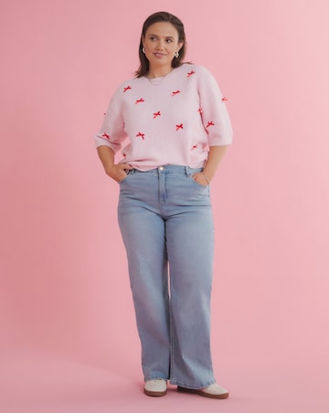 Simply Be Pink Embroidered Bow Knitted Half Sleeve Jumper