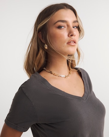 Acid Wash Longline Tunic Side Split V Neck T-Shirt